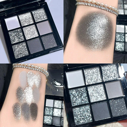 Smokey Glitter Matte Eyeshadow Palette 9Colors Pearlescent Gray Black Toned Shimmer Eye Shadow Makeup Pigments Palett Cosmetics